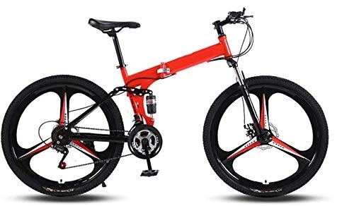 Folding Bike : 26 Inch Mountain Bikes, Folding High Carbon Steel Frame Variable Speed Double Shock Absorption Foldable Bicycle For People with A Height of 160-185Cm, Red
