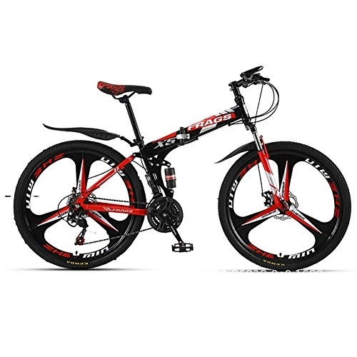 Folding Bike : 26 Inch Mountain Trail Bike, High Carbon Steel Full Suspension Frame Folding Bicycles, 21 Speed Dual Disc Brakes, Mountain Bicycle (Color : Black Red) fengong