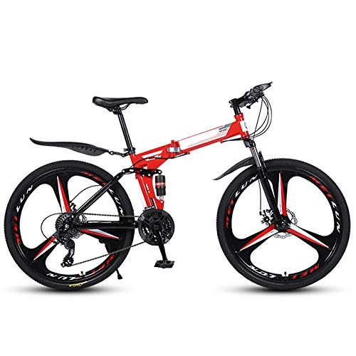 Folding Bike : 26 Inch Variable Speed Folding Mountain Bike, Adult Trail Bike 21 / 24 / 27 Speed Bicycle Full Suspension MTB ​​Gears Dual Disc Brakes Bicycle, Red, 24 Speed