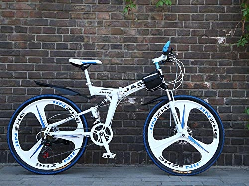 Folding Bike : 26 inche 21 Speed Folding Mountain Bicycle Double disc Brake Bike New foldinge Suitable for Adults-S White and Blue_24inch_Russian Federation