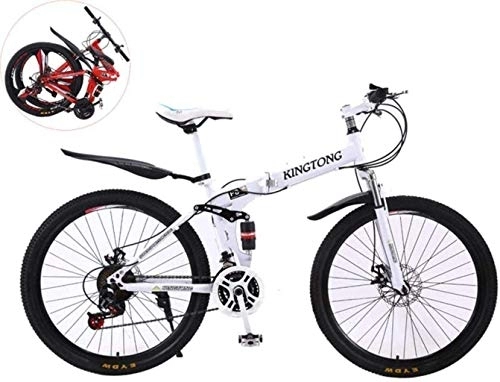 Folding Bike : 26 Inches Double Shock Absorption Foldable Bicycle, Unisex High-Carbon Steel Variable Speed Mountain Bike 6-11, White, 26in (27 Speed) fengong (Color : White)