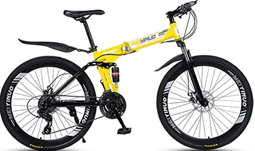 Folding Bike : 26 Inches Folding Bike, 21-Speed Spoke Wheel Full Suspension Mountain Bicycle with Dual Disc Brake Mountain Bike for Adult Men &Amp; Women Yellow, 26 inches