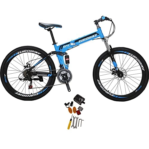 Folding Bike : 26'' Mountain Bike Folding Bicycle for Men and Women Full Suspension 17inch Frame (blue)