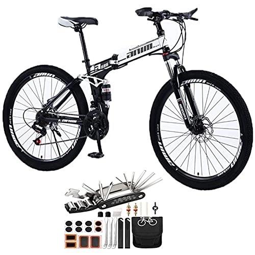 Folding Bike : 26in Adult Fat Tire Snow Mountain Trail Bike Folding Mountain Bike, 21-30 Speed MTB Spoke Wheel Mountain Bicycles With Disc Brakes Full Suspension Tool Accessories ( Color : Black , Speed : 30speed )