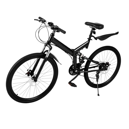 Folding Bike : 26in Folding Bike 21-speed Mountain Bike, Carbon Steel Foldable Bike for Adults with Dual Disc Brake, Portable Mountain Bike with Mudguards, Adjustment Height, 120kg Bearing Capacity