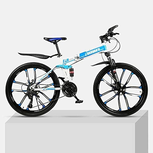 Folding Bike : 26in Folding Mountain Bike, 21-Speed Mountain Bicycles, double shock-absorbing off-road variable speed racing, Thickened high carbon steel folding frame Quickly fold and easy to carry-Blue_and_white_1