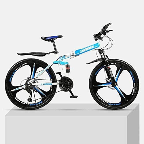 Folding Bike : 26in Folding Mountain Bike, 21-Speed Mountain Bicycles, double shock-absorbing off-road variable speed racing, Thickened high carbon steel folding frame Quickly fold and easy to carry-Blue_and_White_2