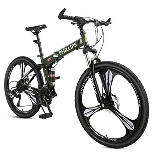 Folding Bike : 26in Folding Mountain Bike, Full Suspension Road Bikes With Disc Brakes, 24 Speed Bicycle Black Blue Red MTB Bikes For Men / Women (Color : Black)