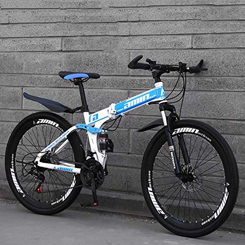 Folding Bike : 26in Mountain Bike for Adults, Unisex Folding Outdoor Bicycle, Full Suspension MTB Bikes, Outdoor Trek Bike Racing Cycling, Double Disc Brake Bicycles, Blue, 21 Speed