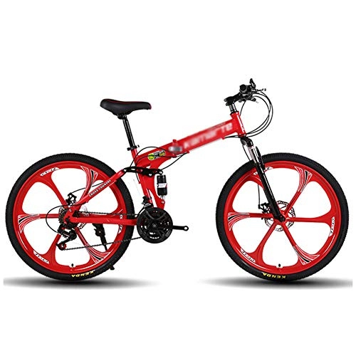 Folding Bike : 26Inch Mountain Bike Folding Bikes with High Carbon Steel Frame, Featuring 6 Spoke Wheels And 21 Variable Speed, Double Shock Absorption Double Disc Brake, Anti-Slip Bicycles, Red