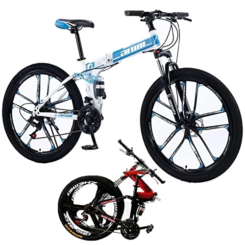 Folding Bike : 26inch Portable Folding Mountain Bike Adult Folding Bikes with 21 / 24 / 27 / 30 Speeds Drivetrain Dual Disc-Brake High Carbon Steel Frame MTB Bicycle for Men Women, Blue / 10, 30