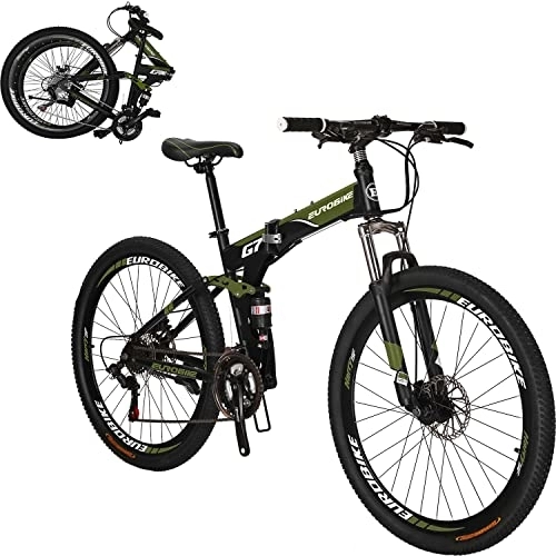 Folding Bike : 27.5 inches Full Suspension Folding Mountain Bike 21 Speed Foldable Bicycle Men or Women MTB for Afult (Green 1)