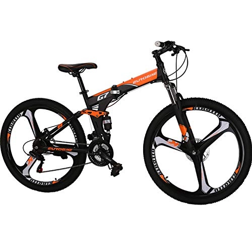 Folding Bike : 27.5 inches Full Suspension Folding Mountain Bike 21 Speed Foldable Bicycle Men or Women MTB for Afult (Orange 1)