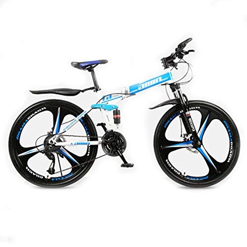 Folding Bike : 30-Speed Folding Bikes with Full Suspension MTB & Dual Disc Brakes, 24 / 26 Inch Student Mountain Bike for Women & Men Load Capacity 110Kg, White Blue, 26 Inch
