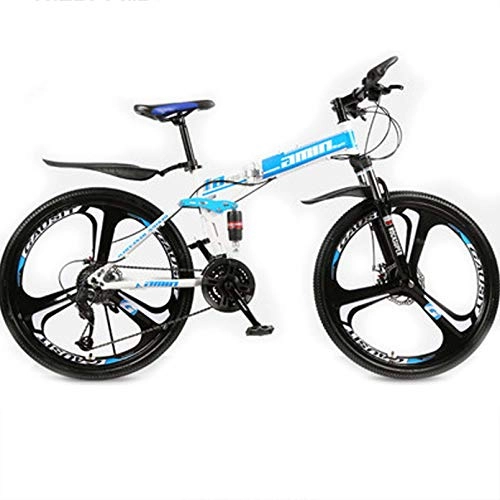 Folding Bike : 30-Speed High Carbon Steel Mountain Bike Folding Bikes with Full Suspension MTB & Dual Disc Brakes, 24 / 26 Inch Outroad Bicycle for Women & Men, White Blue, 24 Inch