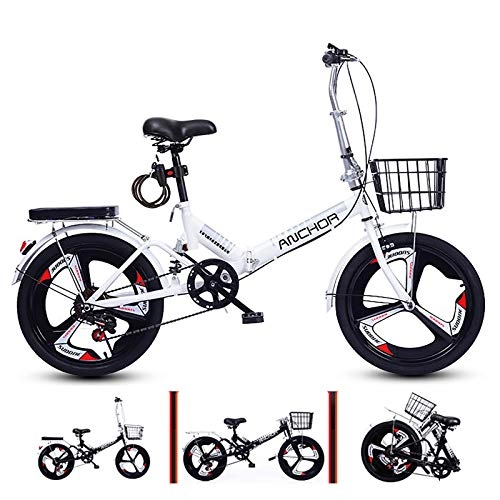 Folding Bike : 6 Speed Lightweight Foldable Bike, Shock Absorption Folding Bicycle With 3 Spoke & Iron Basket & Lock Portable Bike Suitable For 120cm-165cm Height-White A