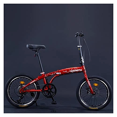 Folding Bike : 7 speed Folding Bike 20 inch for Adults Teens Double Disc Brake Portable Mini Bicycle Foldable Road Bike Student Bicicleta (Color : Red)