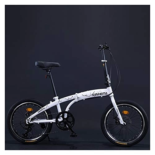Folding Bike : 7 speed Folding Bike 20 inch for Adults Teens Double Disc Brake Portable Mini Bicycle Foldable Road Bike Student Bicicleta (Color : White)