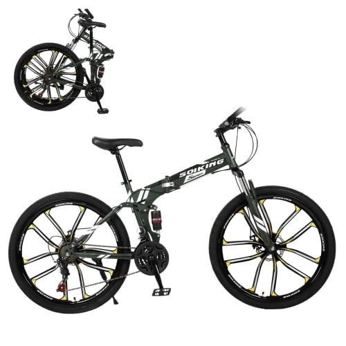 Folding Bike : AASSDOO Adult Folding Mountain Bike - 21 Speeds - with 21 Speed Dual Disc Brakes Full Suspension Non-Slip Adult Sport Bike Double Disc Brake Bicycle for Adults Mens Boys Women Te