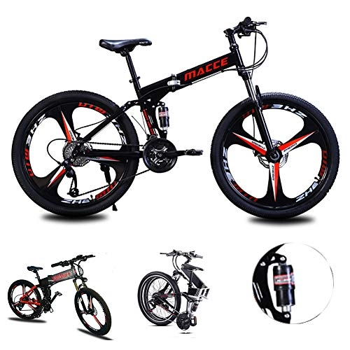 Folding Bike : Acptxvh Mountain Bike for Men Women, Folding Lightweight Aluminum Full Suspension Frame Bicycle, 21 / 24 / 27-Speed, Three Wheel Cruiser Dual Disc Brake, Black, 26inch 21speed