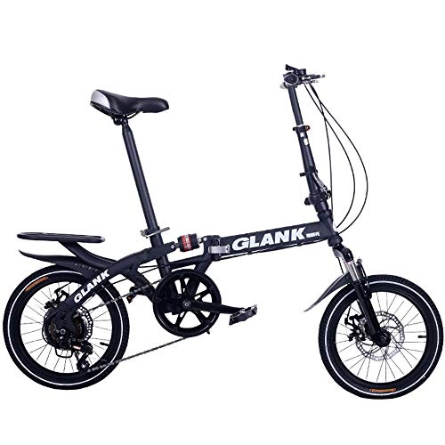 Folding Bike : Adult 14 / 16 Inch Folding 6-Stage Variable Speed Shock Absorption Dual Disc Brake Bicycle-Black_14