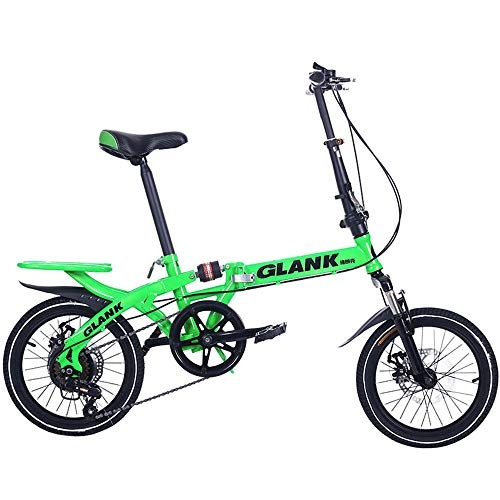 Folding Bike : Adult 14 / 16 Inch Folding 6-Stage Variable Speed Shock Absorption Dual Disc Brake Bicycle-Green_16