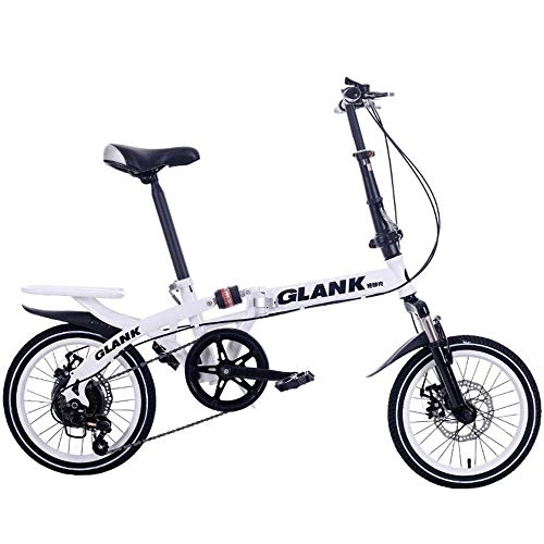Folding Bike : Adult 14 / 16 Inch Folding 6-Stage Variable Speed Shock Absorption Dual Disc Brake Bicycle-White_16