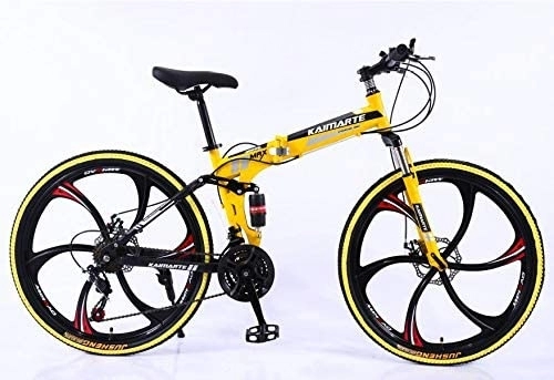 Folding Bike : ADULT BIKE 21 SPEED 24" MTB CARBON FIBRE STEEL FOLDING FRAME FULL SUSPENSION BICYCLE (Yellow)