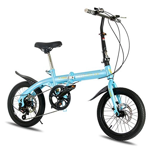 Folding Bike : Adult Folding Bicycle Lightweight Unisex Men City Bike 16-inch Wheels Aluminium Frame Ladies Shopper Bike With Adjustable Handlebar & Seat, 6 speed, Disc brake, Blue