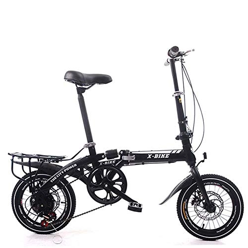 Folding Bike : Adult Folding Bicycle Lightweight Unisex Men City Bike 16-inch Wheels Aluminium Frame Ladies Shopper Bike With Adjustable Handlebar & Seat, 7 speed, disc brakes, Black, 14inches