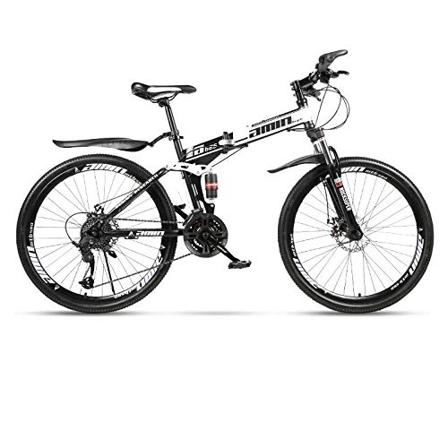 Folding Bike : Adult folding mountain bike, double shock absorption, high carbon steel frame, off-road variable speed bike, 24 inch 21 / 27 speed-Black and white_21 speed_24 inches