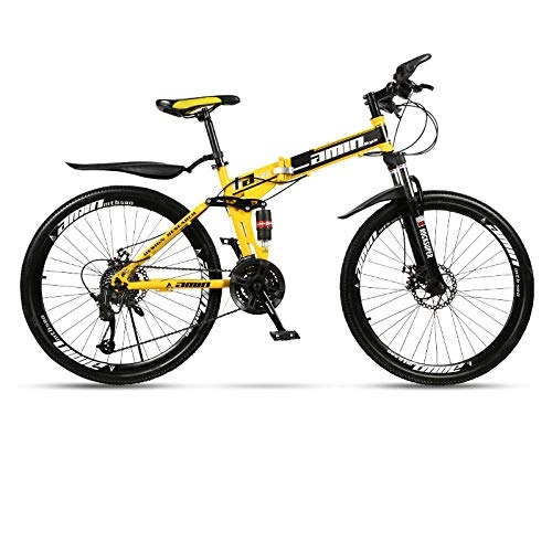Folding Bike : Adult folding mountain bike, double shock absorption, high carbon steel frame, off-road variable speed bike, 24 inch 21 / 27 speed-Black and yellow_27 speed_24 inches