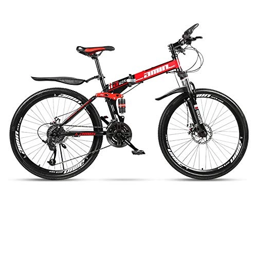Folding Bike : Adult folding mountain bike, double shock absorption, high carbon steel frame, off-road variable speed bike, 24 inch 21 / 27 speed-Black red_21 speed_24 inches