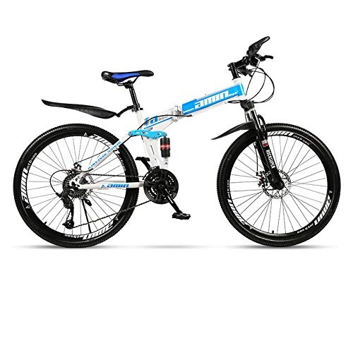 Folding Bike : Adult folding mountain bike, double shock absorption, high carbon steel frame, off-road variable speed bike, 24 inch 21 / 27 speed-White blue_21 speed_24 inches
