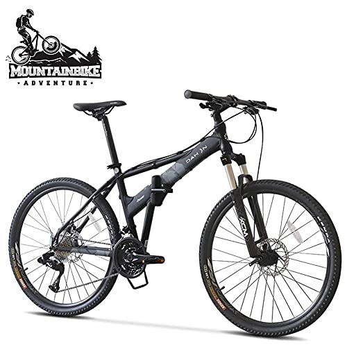 Folding Bike : Adult Folding Mountain Bikes 26 Inch with Front Suspension for Men / Women, 27 Speed Hardtail Mountain Trail Bicycle, Adjustable Seat & Mechanical Dual Disc Brakes, Black