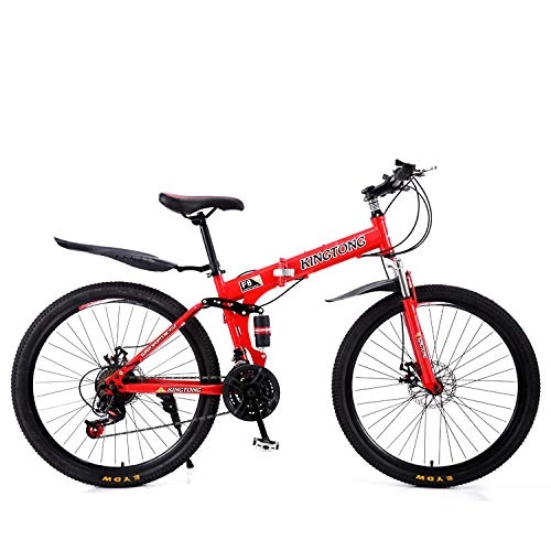 Folding Bike : Adult Folding Mountain Bikes, High Carbon Steel Frame Double Disc Brake Variable Variety Road Bike, Men Utility Double Shock-Absorbing Bicycle-21 Speed Red Spoke Wheel_24 Inches