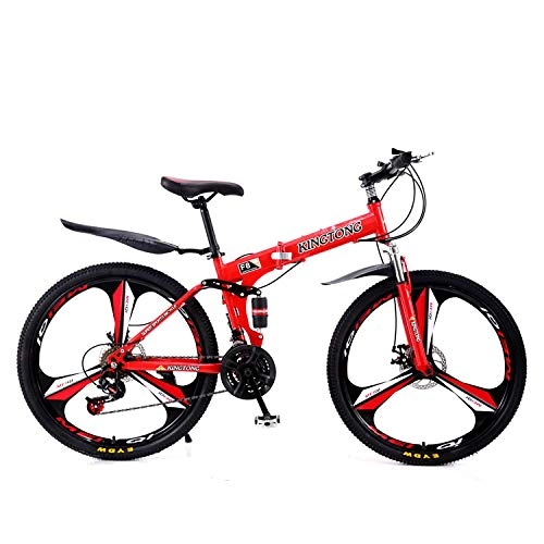 Folding Bike : Adult Folding Mountain Bikes, High Carbon Steel Frame Double Disc Brake Variable Variety Road Bike, Men Utility Double Shock-Absorbing Bicycle-21 Speed Red Three-Knife Wheel_26 Inches