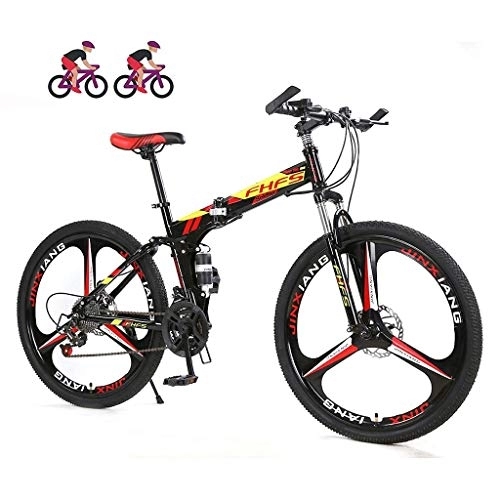 Folding Bike : Adult Mountain Bike, 24 Inch Wheels, Mountain Trail Bike High Carbon Steel Folding Outroad Bicycles, 21 / 24 / 27 Speed Bicycle Full Suspension MTB Gears Dual Disc Brakes fengong (Color : Colorful Red)