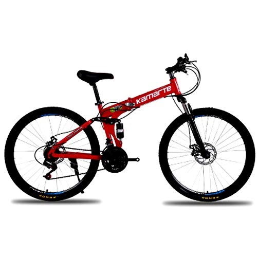 Folding Bike : Adult Mountain Bike, 24Inch / 26Inch 21 / 24 / 27 Speed Bicycle, High Carbon Steel Mountain Brake, Trail Bike Folding Outroad Bicycles, Outdoor Rear Suspension MTB Gears Dual Disc - Red, 24inch 27speed