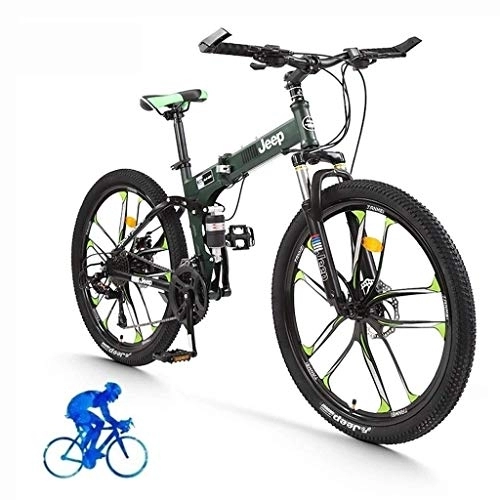 Folding Bike : Adult Mountain Bike, 26 Inch Wheels, Mountain Trail Bike High Carbon Steel Folding Outroad Bicycles, 24-Speed Bicycle Full Suspension MTB Gears Dual Disc Brakes Mountain Bicycle (Color : Green) feng