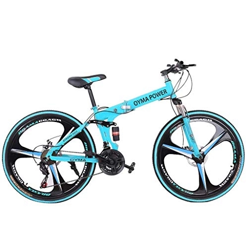 Folding Bike : Adult Mountain Bike, 26in Folding Mountain Bike Shimanos 21 Speed Bicycle Full Suspension MTB Bikes, 3 Spoke Magnesium Wheels for Adult Mens Womens (Blue, 59x9.8X(23-27.5) in)