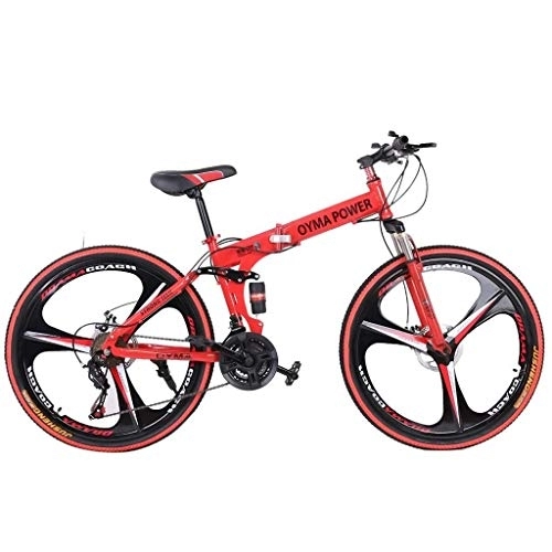 Folding Bike : Adult Mountain Bike, 26in Folding Mountain Bike Shimanos 21 Speed Bicycle Full Suspension MTB Bikes, 3 Spoke Magnesium Wheels for Adult Mens Womens (Red, 59x9.8X(23-27.5) in)