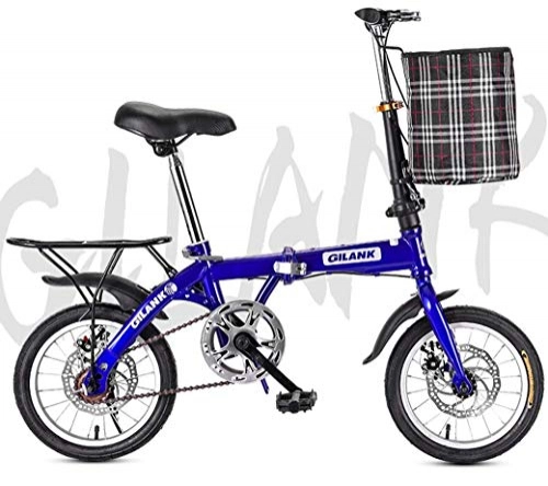 Folding Bike : Adult mountain bike- Folding Bikes, 20''Lightweight Folding City Bicycle Bike Double Disc Brake with front basket and rear tailstock (Color : Blue, Size : 14Inch)