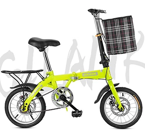 Folding Bike : Adult mountain bike- Folding Bikes, 20''Lightweight Folding City Bicycle Bike Double Disc Brake with front basket and rear tailstock (Color : Green, Size : 14Inch)