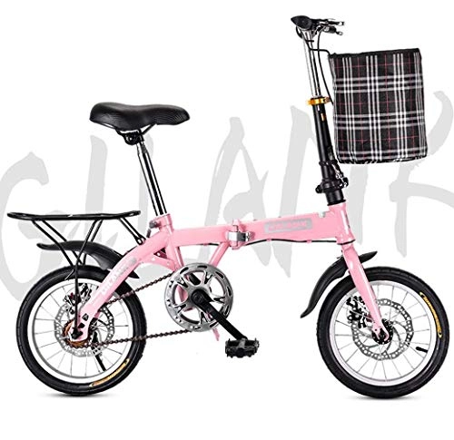 Folding Bike : Adult mountain bike- Folding Bikes, 20''Lightweight Folding City Bicycle Bike Double Disc Brake with front basket and rear tailstock (Color : Pink, Size : 14Inch)