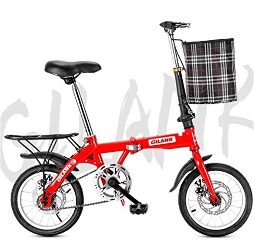 Folding Bike : Adult mountain bike- Folding Bikes, 20''Lightweight Folding City Bicycle Bike Double Disc Brake with front basket and rear tailstock (Color : Red, Size : 14Inch)