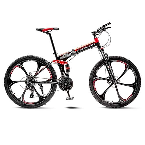 Folding Bike : Adult Mountain Bike, Full Suspension Folding Bicycle, 26 Inch Variable Speed Dual Disc Brakes Student Bike Portable Easy Install-30Speed-Red A