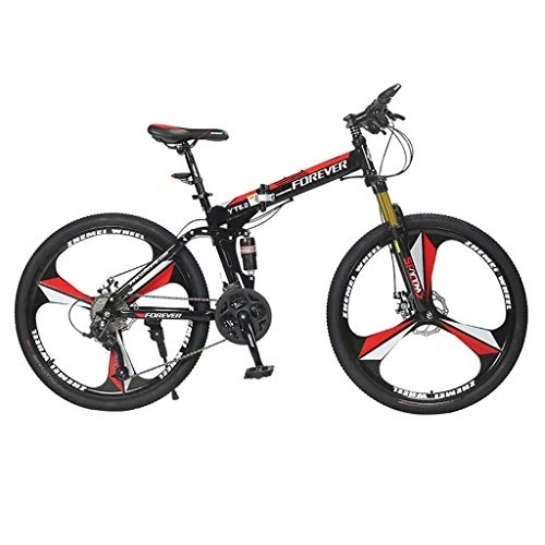 Folding Bike : Adult Mountain Bikes - 26 Inch Mountain Trail Bike High Carbon Steel Full Suspension Frame Folding Bicycles - 24 Speed ​​Gears Dual Disc Brakes Mountain Bicycle (Color : Red)
