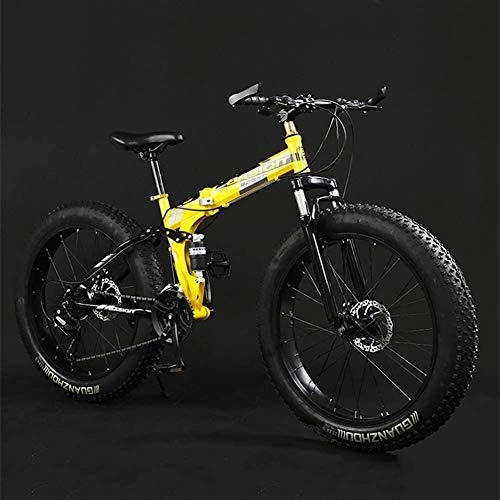 Folding Bike : Adult Mountain Bikes, Foldable Frame Fat Tire Dual-Suspension Mountain Bicycle, High-carbon Steel Frame, All Terrain Mountain Bike (Color : 20" Yellow, Size : 27 Speed)