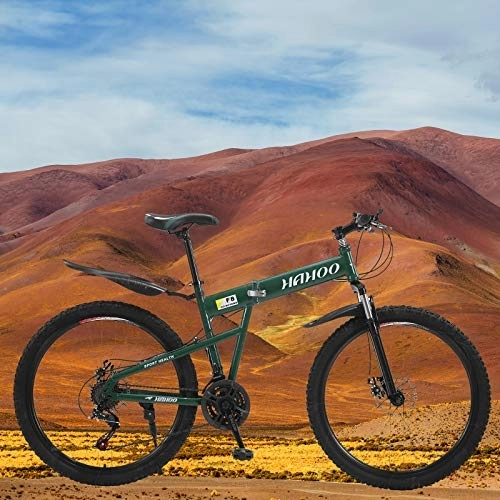 Folding Bike : Adult Road Racing Bike 26 inch Folding Mountain Bike, 21 Speed Carbon Steel Mountain Bicycle for Adults, Non-Slip Bike, Full Suspension Disc Brake Outdoor (Green)